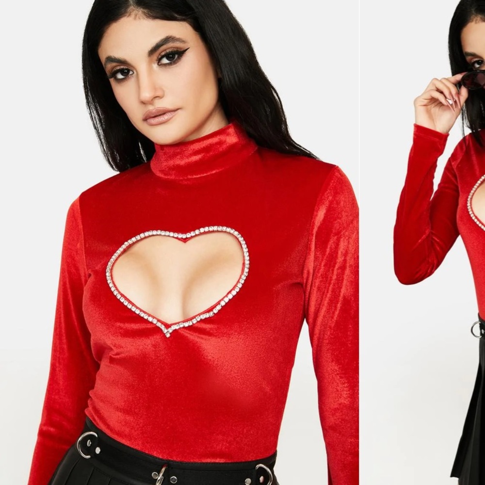 RARE LONDON Red Diamante Heart Cutout Velvet Top S